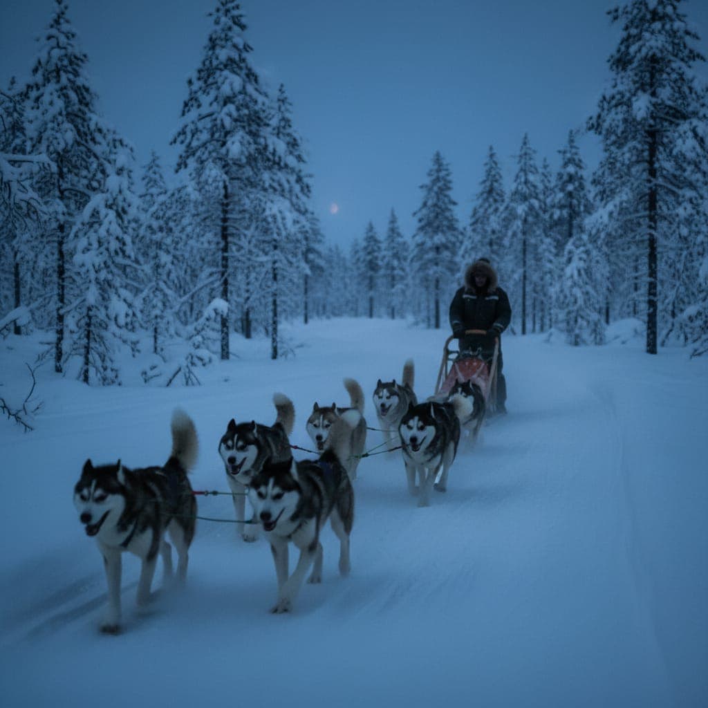 Husky dog sled team running through a snowy Arctic forest trail in Norway