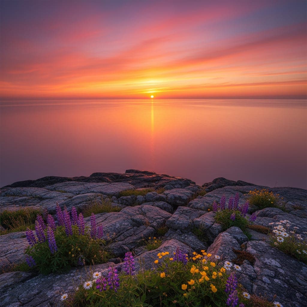 Midnight sun over the Arctic coast near Tromsø at midnight in summer